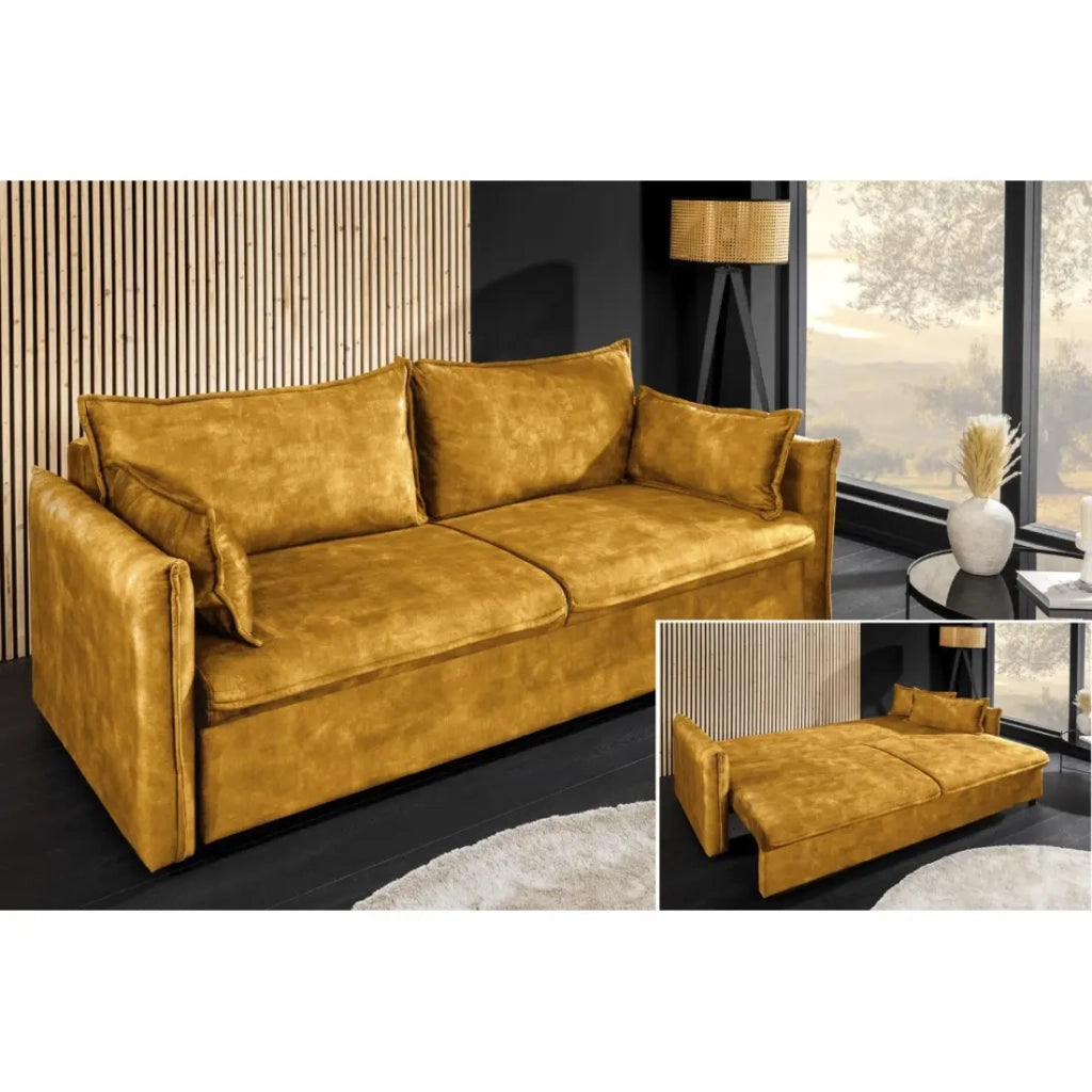 Divano dritto CALDERO giallo senape trasformabile con vano contenitore – Divano letto in velluto morbido con spazio di stoccaggio integrato