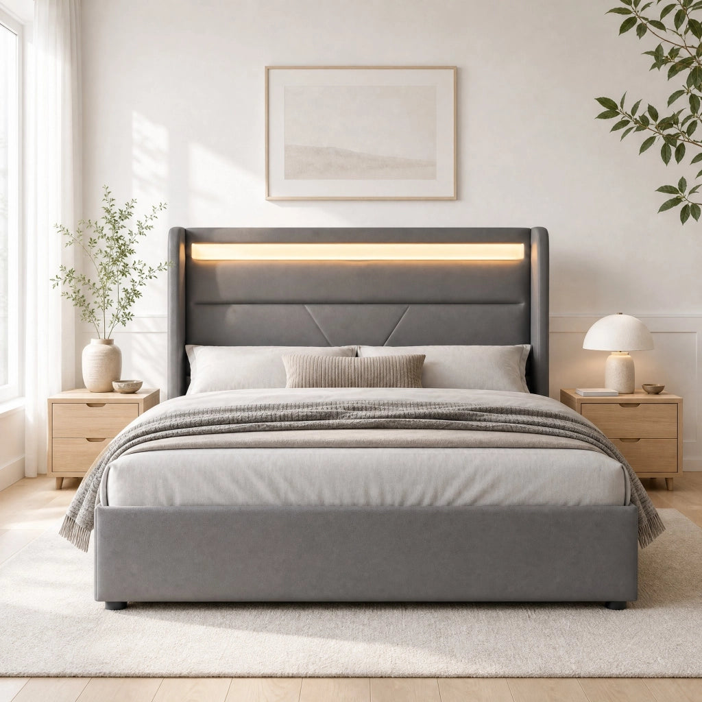 LETTO Contenitore 140x200 cm in PU Grigio con LED e telecomando