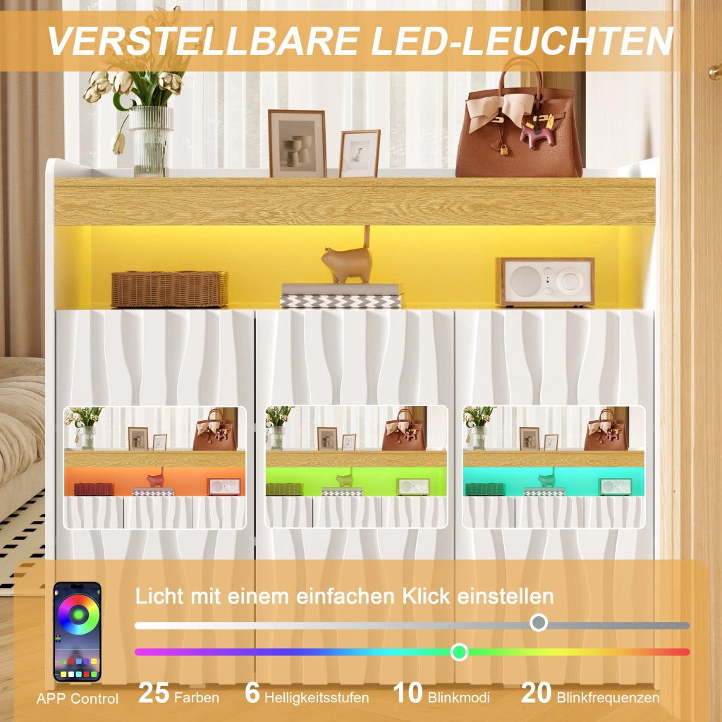 ARMADIO SIDEBOARD 105x33,5x76 cm Bianco e Naturale con LED, 3 ante