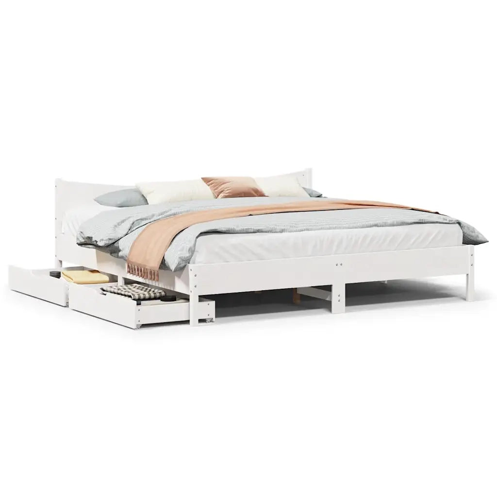 Giroletto con Cassetti-Struttura Letto con contenitore Bianco 200x200 cm Legno Massello di Pino 952386