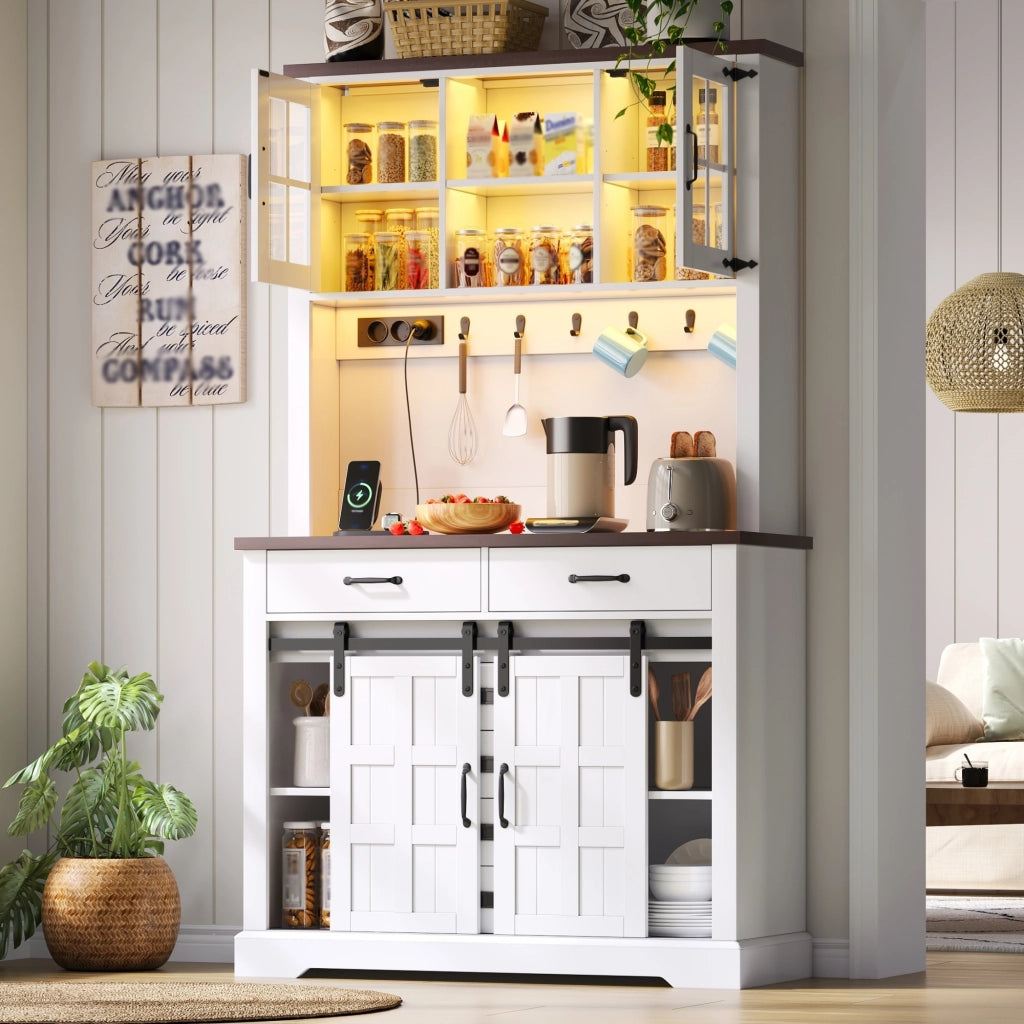Credenza alta con LED RGB, 2 ante scorrevoli e 6 cassetti, per cucina e soggiorno, bianco, 108 × 40 × 180 cm