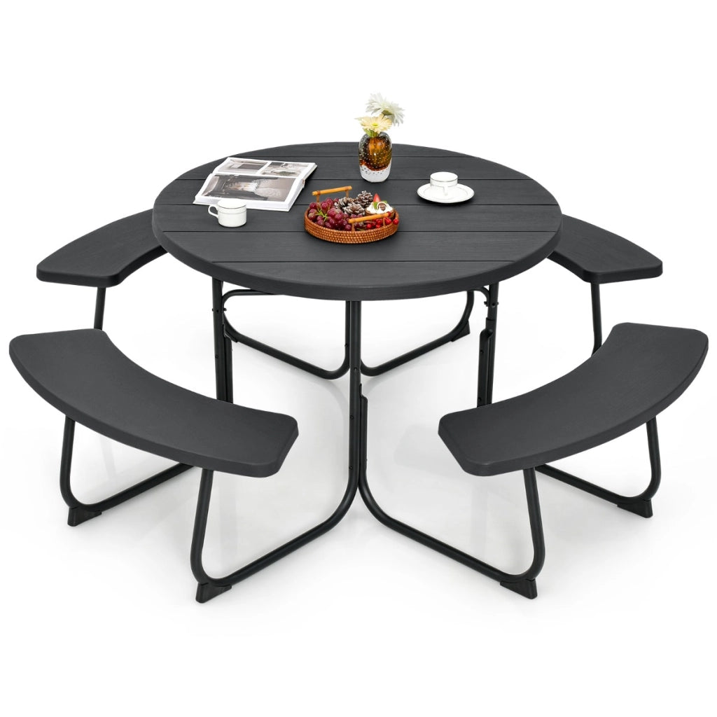 Set tavolo da picnic per 8 persone con 4 panche e foro per ombrellone, Tavolo da picnic circolare portata 225kg Nero-Tavoli e sedie da campeggio