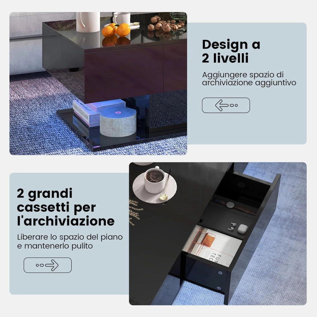 Tavolino da Caffè Moderno, Tavolino a 2 Piani con 20 Luci LED a Colori, 2 Cassetti Portaoggetti e Finitura Lucida, Tavolino Rettangolare per Salotto, Studio e Camera da Letto (Nero)