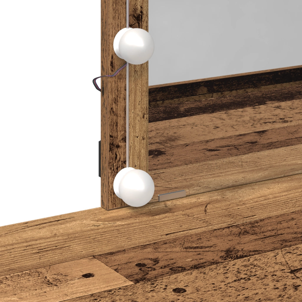 Tavolo da trucco con specchio e luci LED in legno vecchio