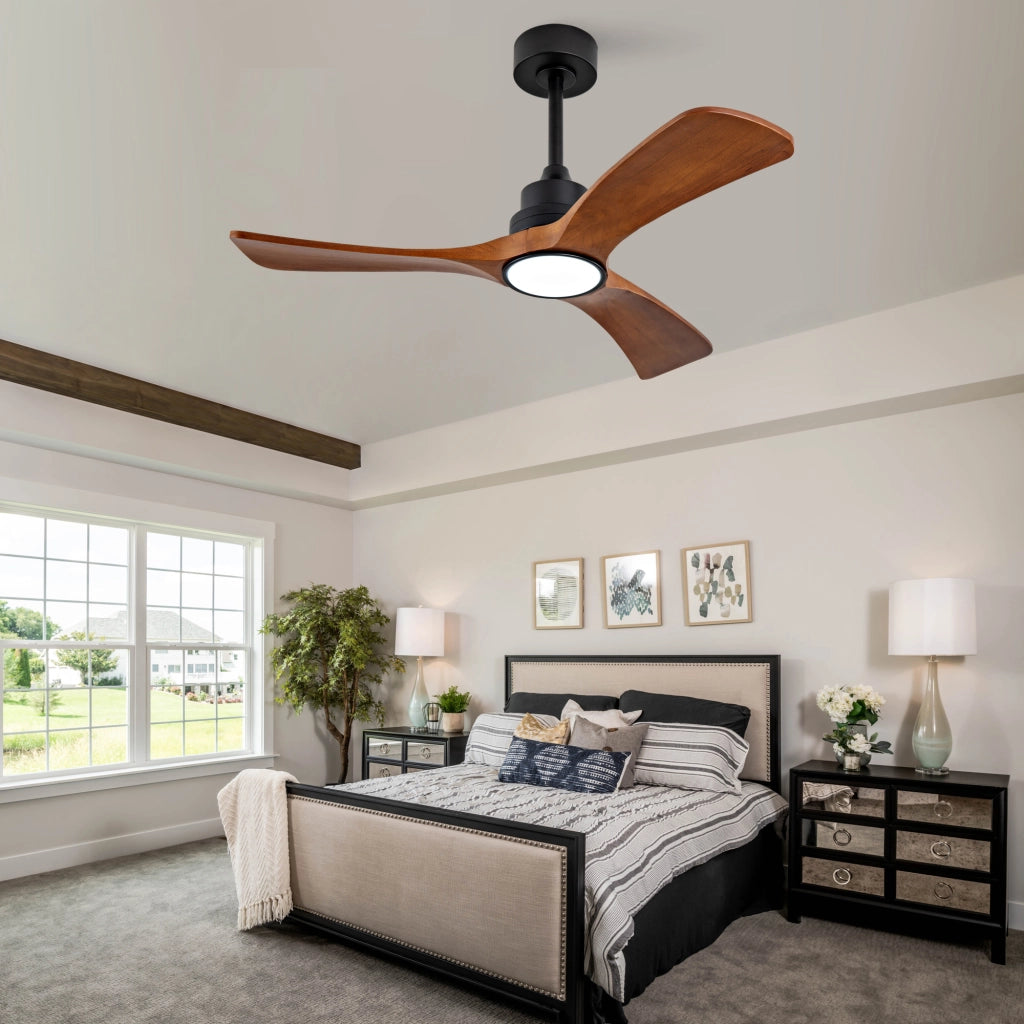 Ventilatore da soffitto 42 pollici con illuminazione, 3 pale legno massello, telecomando e wifi, motore DC silenzioso reversibile, moderno