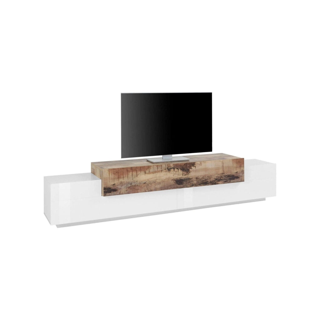 Mobile da soggiorno Porta Tiche, Made in Italy, Supporto per Tiche da salotto a 3 ante e ripiani, cm 240x45h52, Bianco lucido e Acero