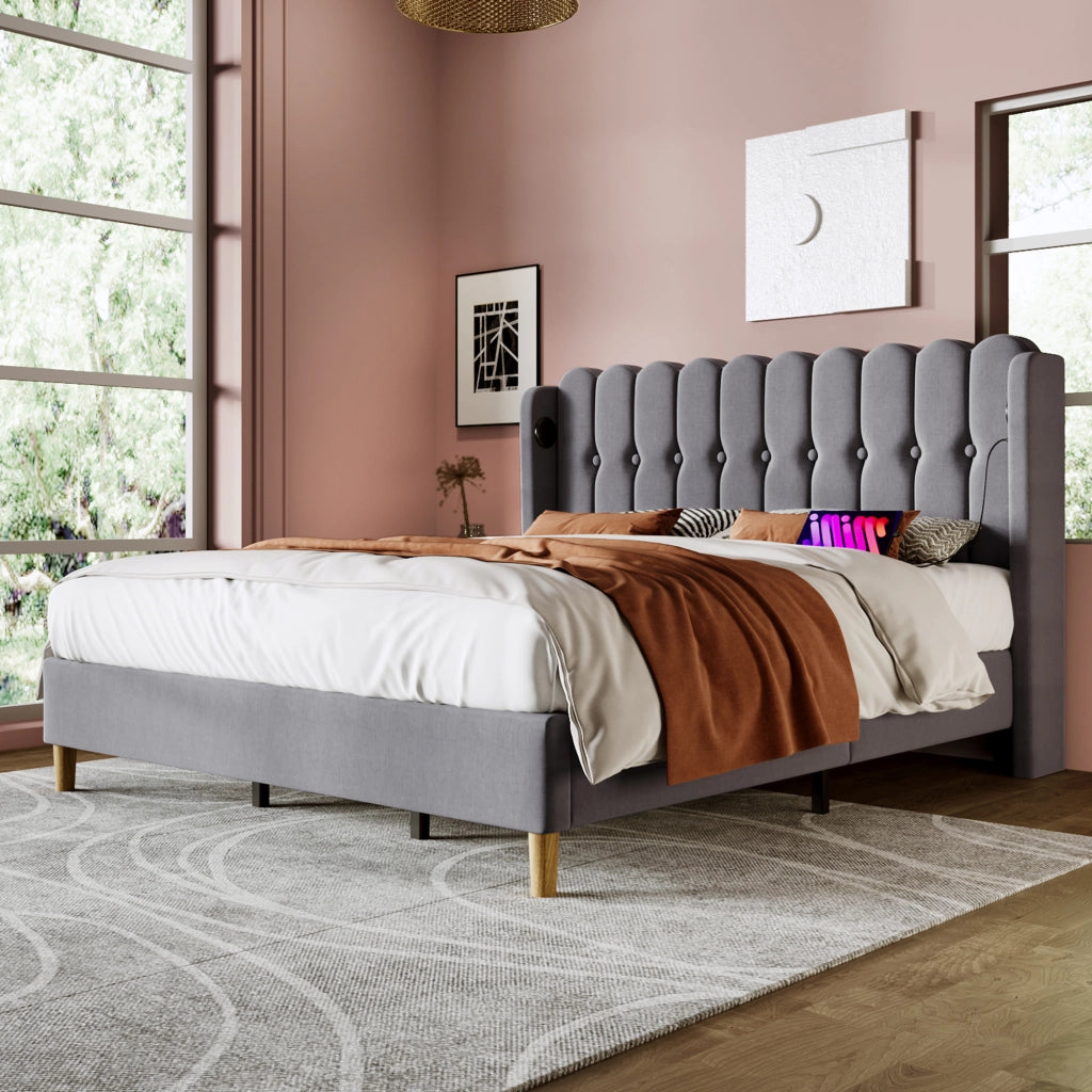 OKWISH Letto Imbottito 180×200 cm, Letto Matrimoniale con USB, Tipo C e Testiera a Pannelli, senza Materasso, in Lino, Grigio