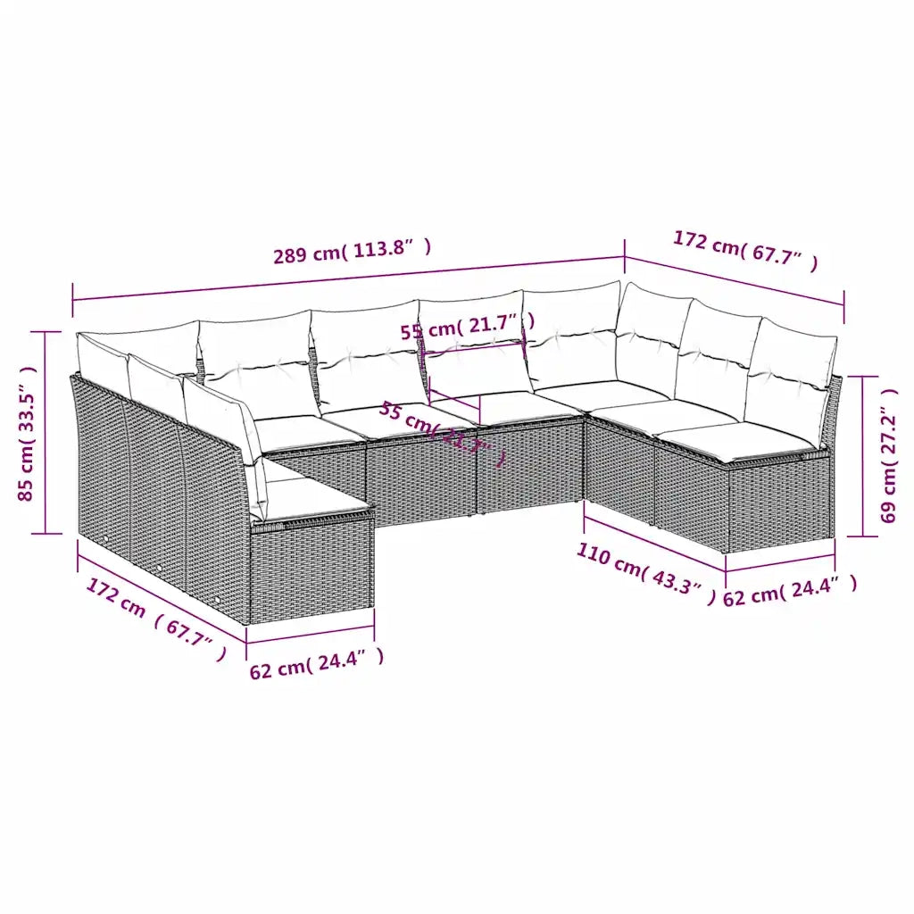 Set Divani da Giardino 9 pz con Cuscini Nero in Polyrattan 3218067
