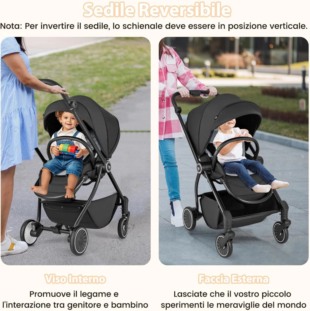 Passeggino per Bambini Reversibile, Passeggino Pieghevole per Neonati con Schienale Reclinabile, Cappotta Regolabile, Cestello Portaoggetti, per Neonati 0-36 Mesi, Portata 15 kg (Nero)