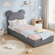 Letto imbottito 90x200 cm con contenitore a sollevamento pneumatico; tessuto e metallo; grigio