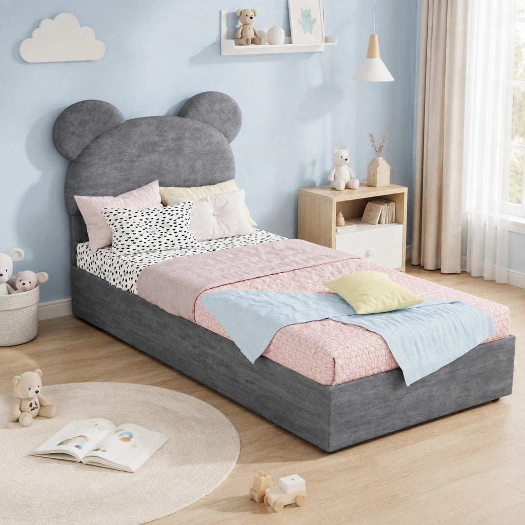Letto imbottito 90x200 cm con contenitore a sollevamento pneumatico; tessuto e metallo; grigio