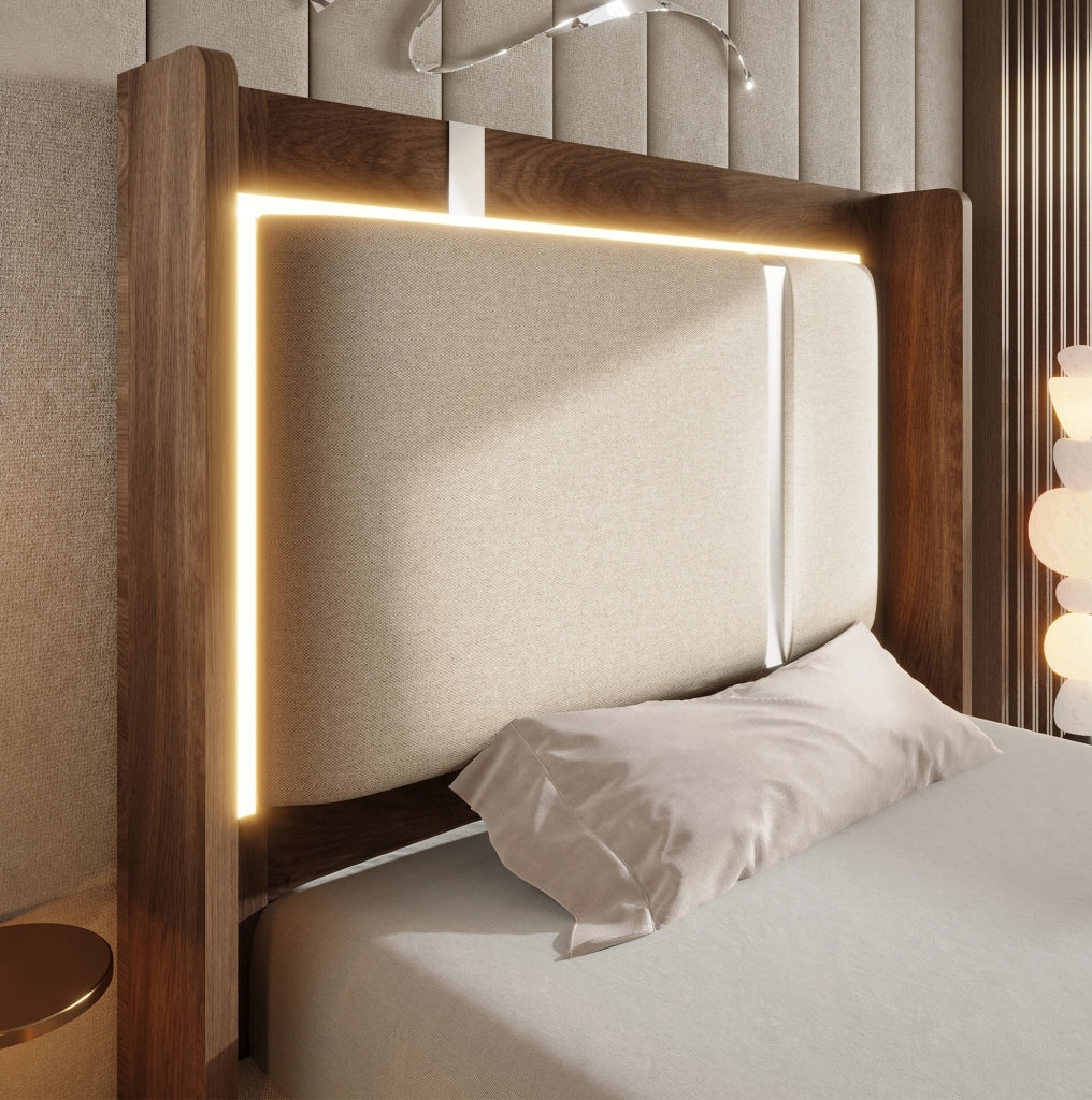 Letto singolo 90x200 cm in lino beige con LED; contenitore con alzata idraulica e rete a doghe
