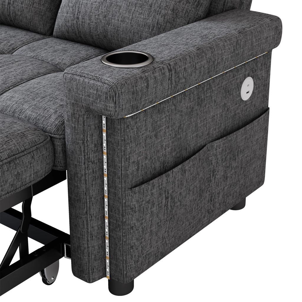 Divano letto 2 posti - con schienale regolabile; LED; USB e portabevande - in chenille grigio