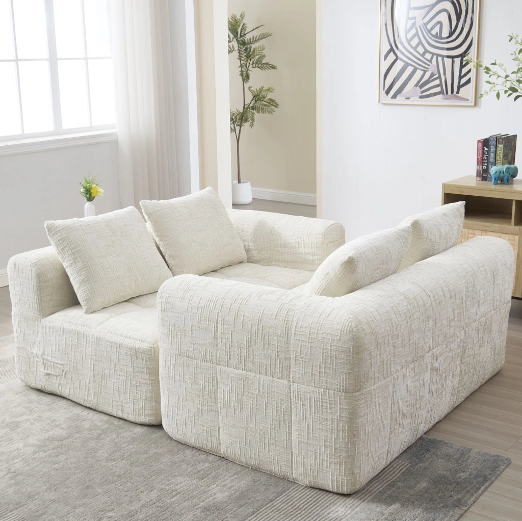 Divano chaise longue in ciniglia beige con tasche laterali e cuscino incluso