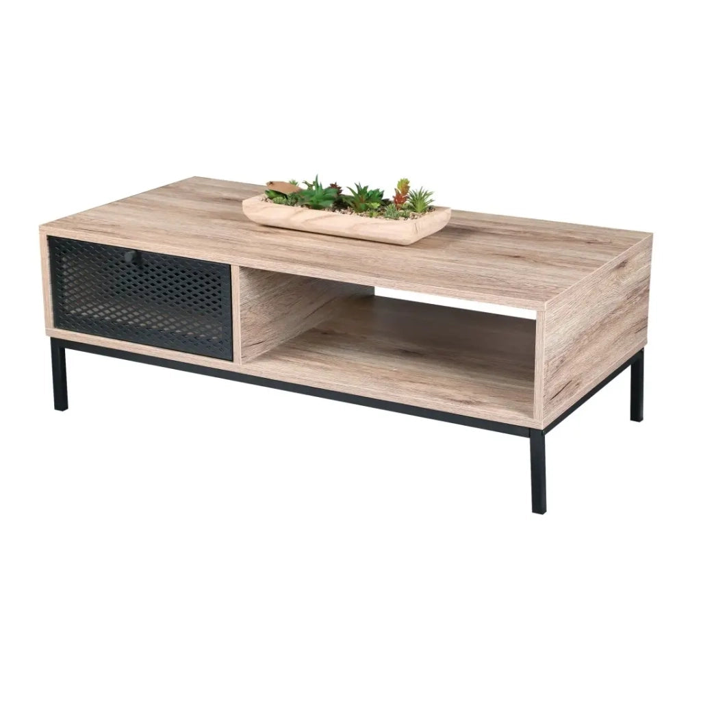 Tavolino basso in legno con un cassetto a griglia e uno scomparto – dimensioni 100x50xH36 cm – Collezione METALIX