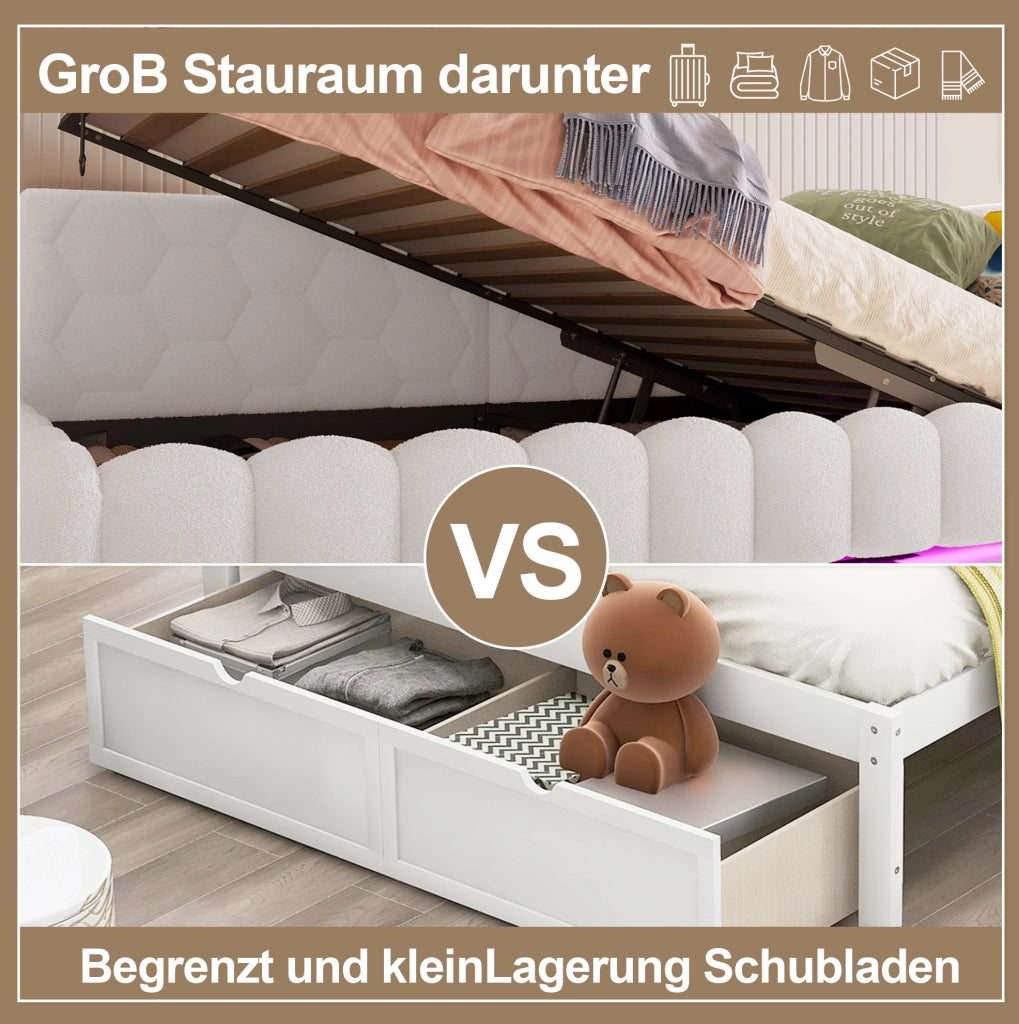 Letto singolo 90x200 cm con contenitore, LED, USB e Type-C