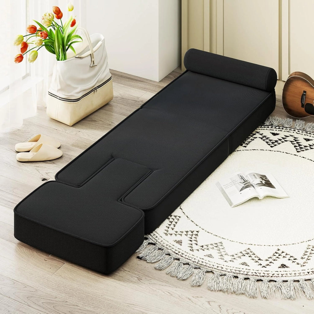 Sedia da Terra Pieghevole, Poltrona Relax Imbottita con Schienale e Poggiapiedi Regolabili, Sedia da Pavimento con Tavolino e Cuscino, per Soggiorno e Camera da Letto