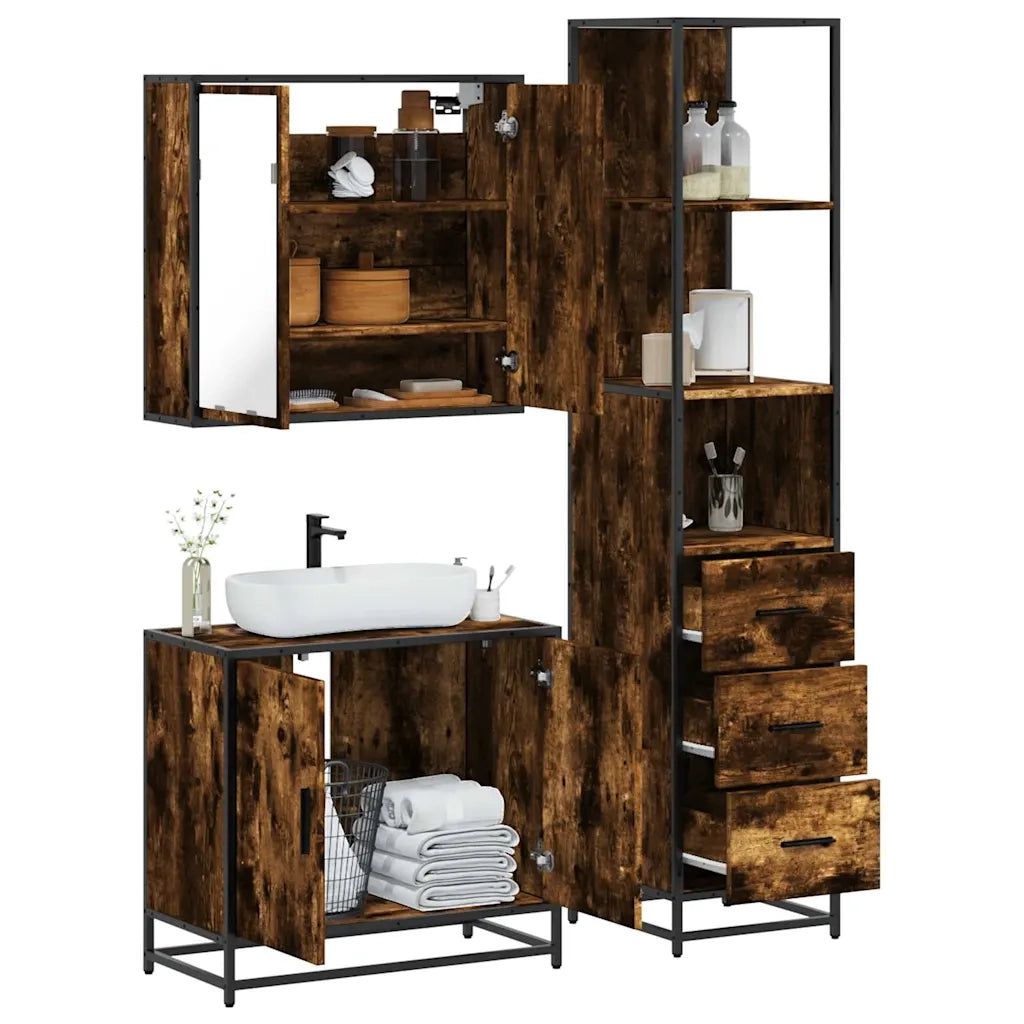 Set Mobili da Bagno 3 pz Rovere Fumo in Legno Multistrato 3301127