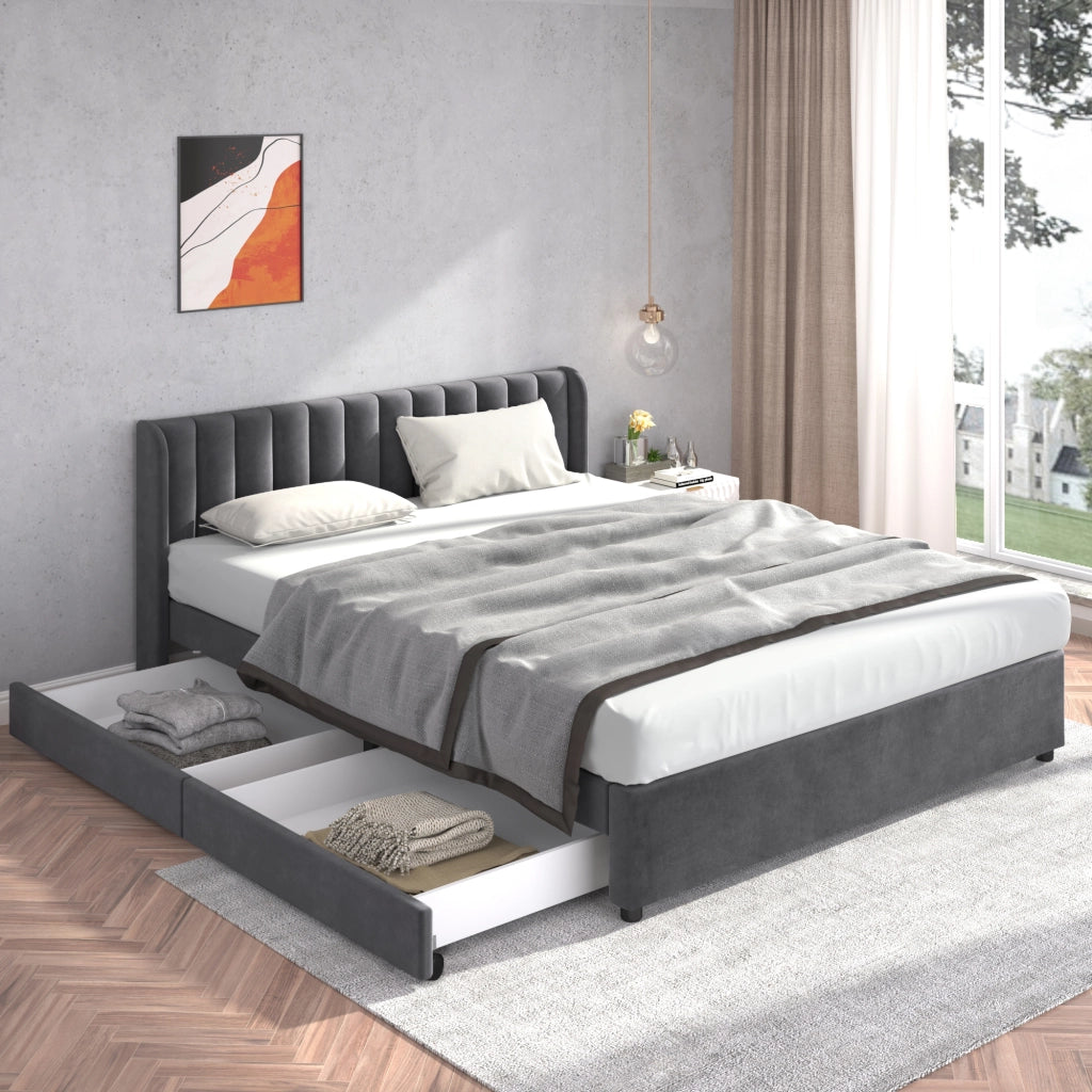 OKWISH Letto con Cassetti 180×200 cm, Letto Matrimoniale con 2 Cassetti e Testiera Alta, senza Materasso, in Velluto, Grigio