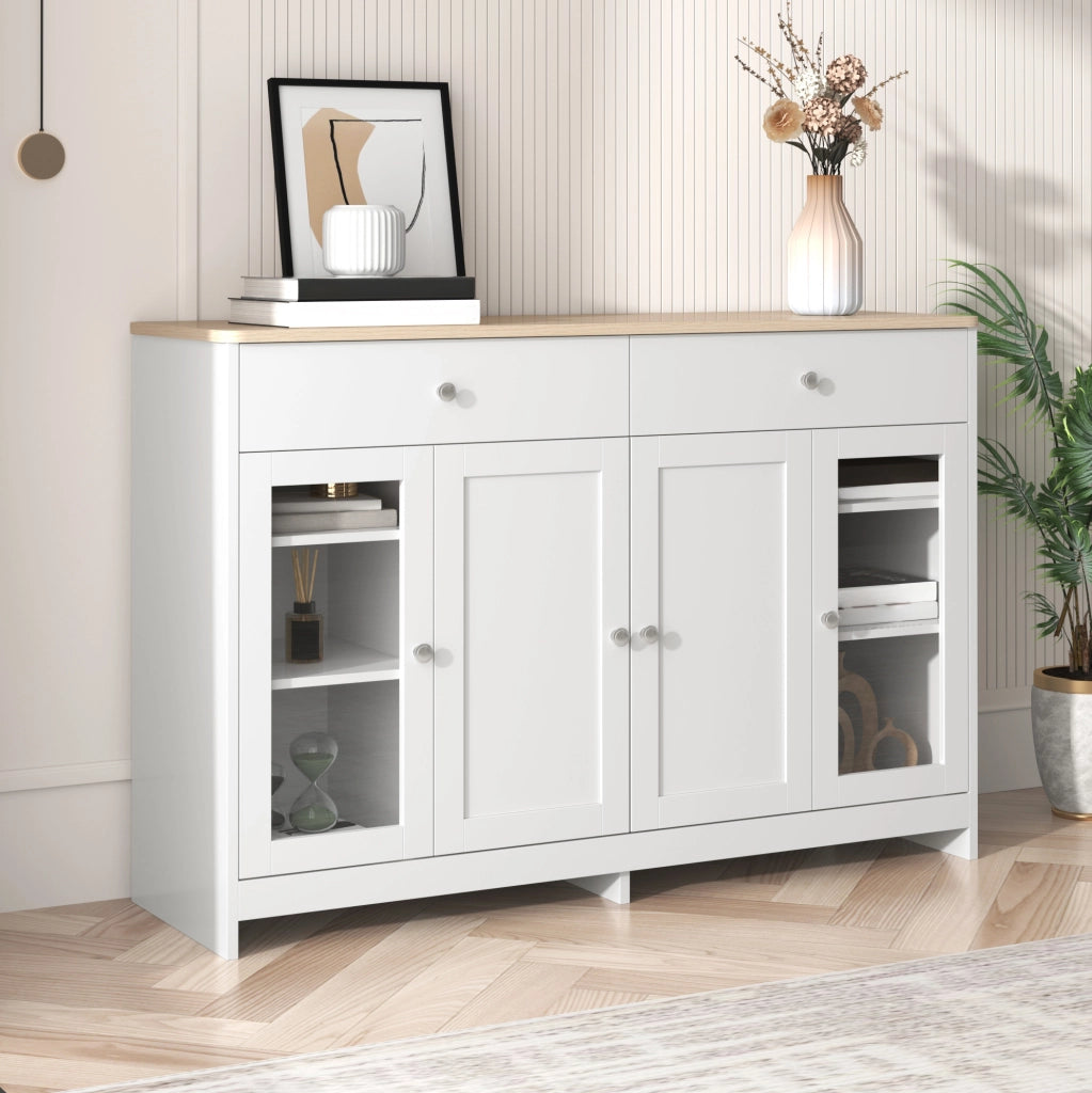 Credenza buffet 120 cm con 4 ante e 2 cassetti in MDF bianco effetto legno HAVRYA