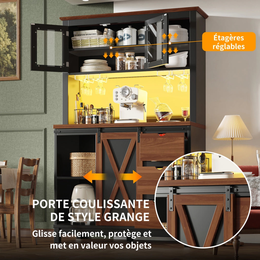 OKWISH Madia Cucina Alta con Porta Scorrevole in Vetro e Ripiani Regolabili, LED, per Cucina, MDF Metallo Vetro, Nero 104×40×180 cm