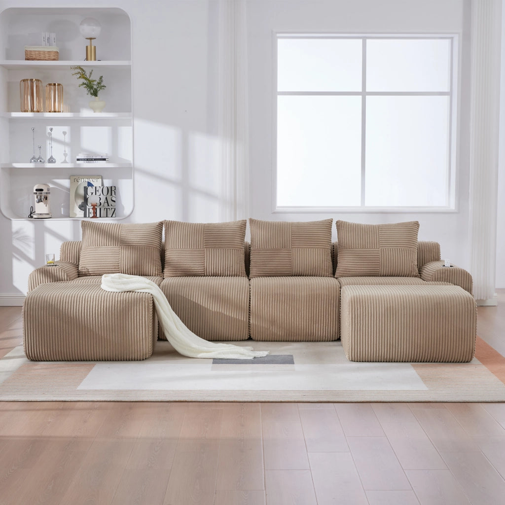 Divano Modulare 4 Posti con Poggiapiedi ¨C MINIMAL ¨C Tessuto, Beige/Khaki, con Portabicchieri