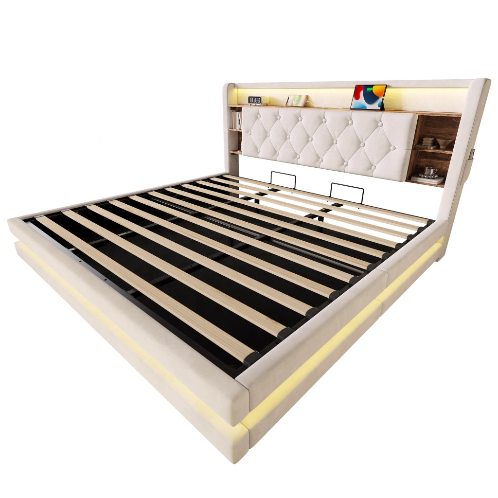 LETTO Contenitore 180x200 cm in velluto Beige con testiera multifunzione