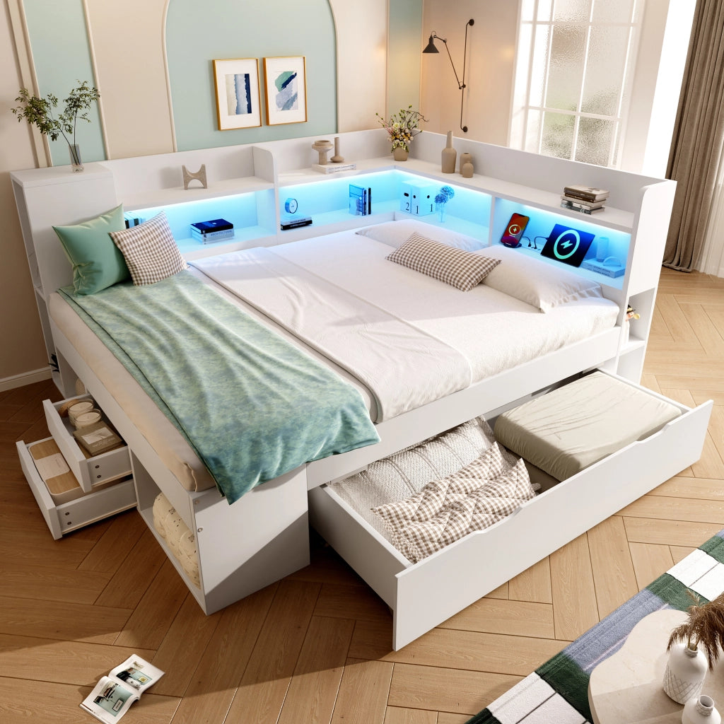 DESMIU Letto banquette 140 × 200 cm 2 posti con USB, Type-C, LED e contenitori, con materasso, bianco