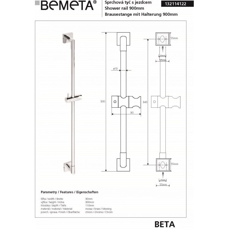Asta doccia BETA in ottone cromato con porta doccia 90cmx 9cm x 11cm