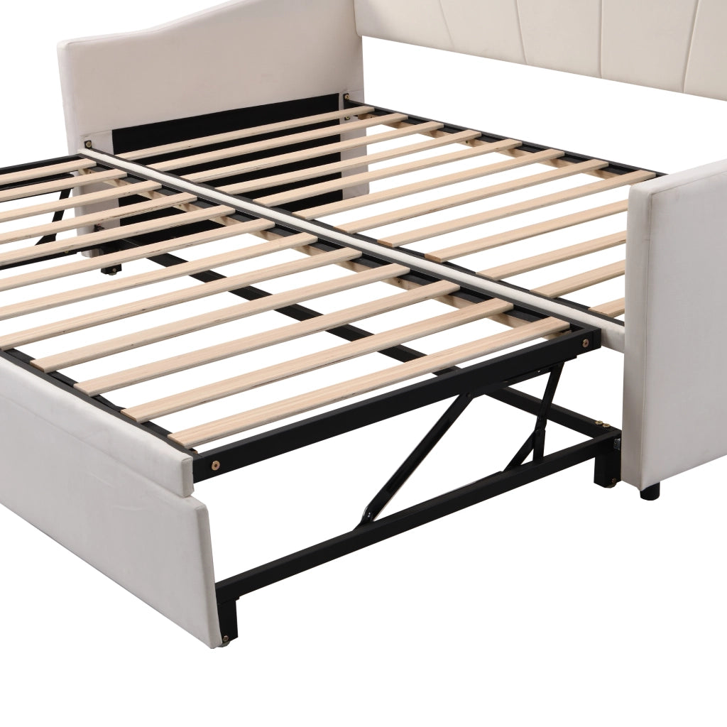 OKWISH Letto a Divano Estraibile 90×200 cm e 180×200 cm, Letto Singolo con Rete Estraibile e Braccioli, senza Materasso, Beige
