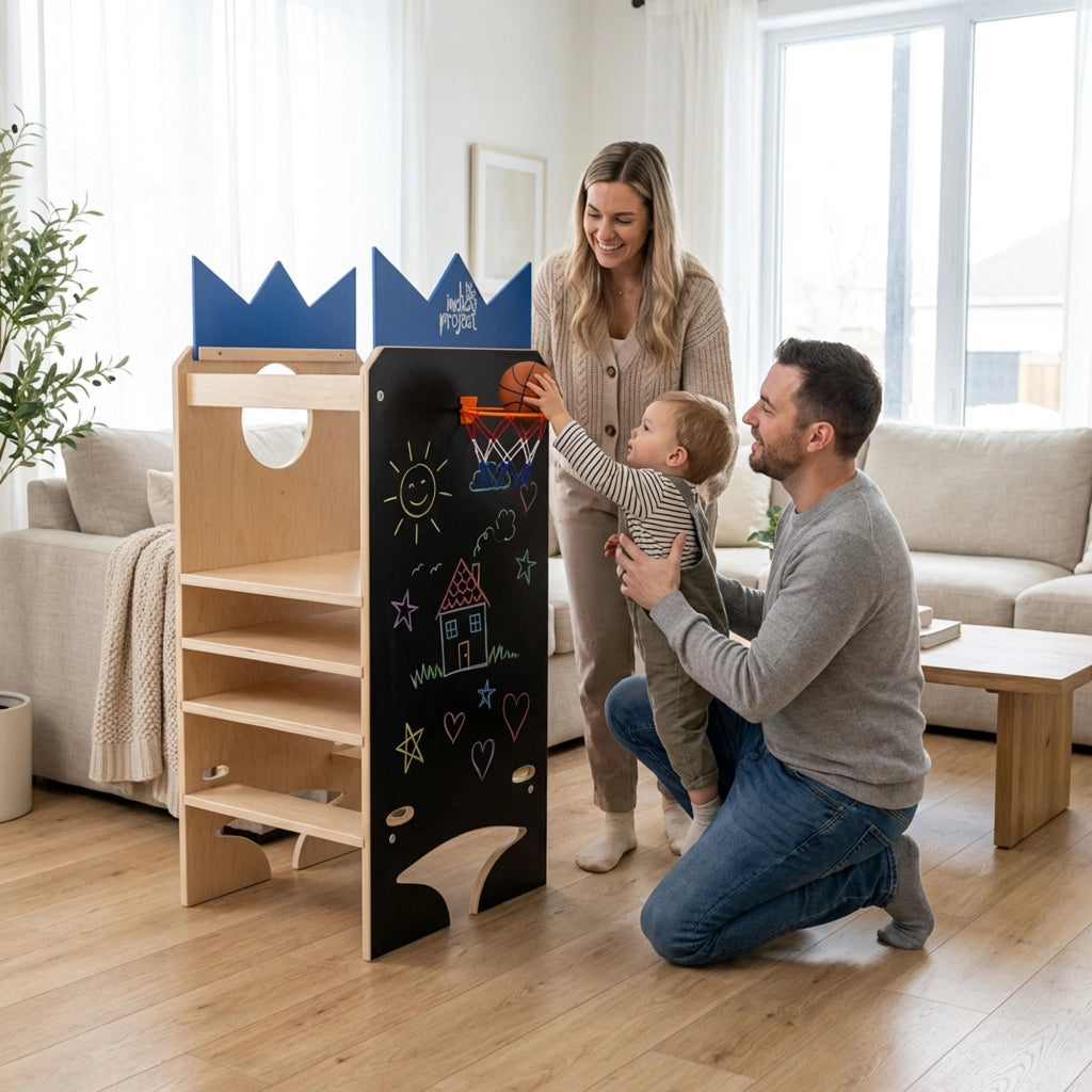 Totem - Torre Montessoriana Multifunzione 3 in 1 per Bambini da 24 Mesi 47,5x104,5x 45,5 cm con Lavagna e Canestro in Legno