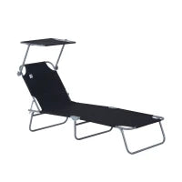 Lettino Prendisole da Giardino Pieghevole e Regolabile con Tettuccio in Tessuto Nero, 187x58x50 cm