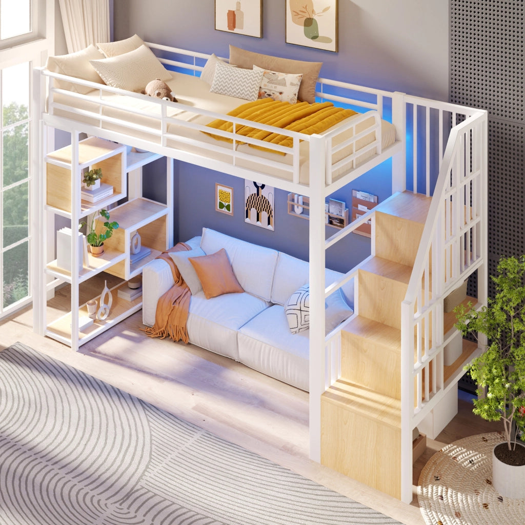 Letto a soppalco 90x200 cm con spazio libero sottostante; LED; ripiano; gradini integrati e parapetto; metallo bianco