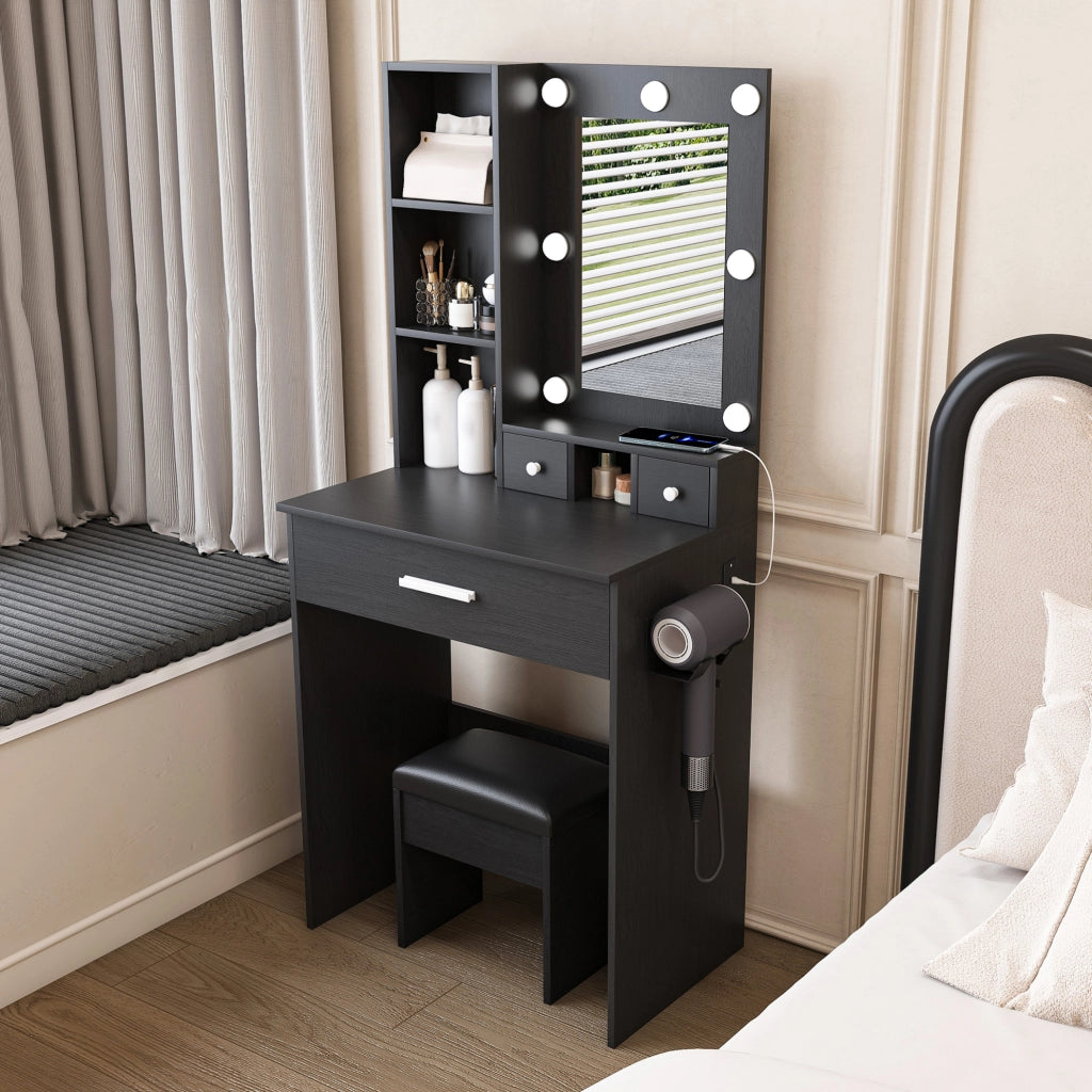Toeletta con specchio LED a 3 modalità; presa integrata; supporto asciugacapelli; MDF nero