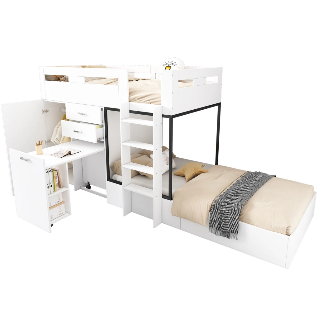 Letto a castello per bambini 90x200 cm con scrivania estraibile, armadio e cassetti