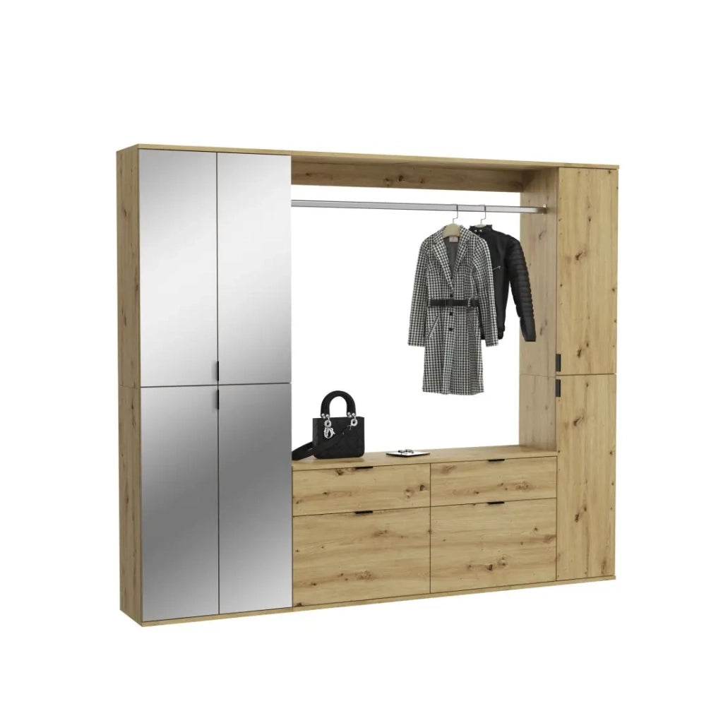 Armadio con 6 ante con specchi, appendiabiti e 4 cassetti - Rovere chiaro - BODITE