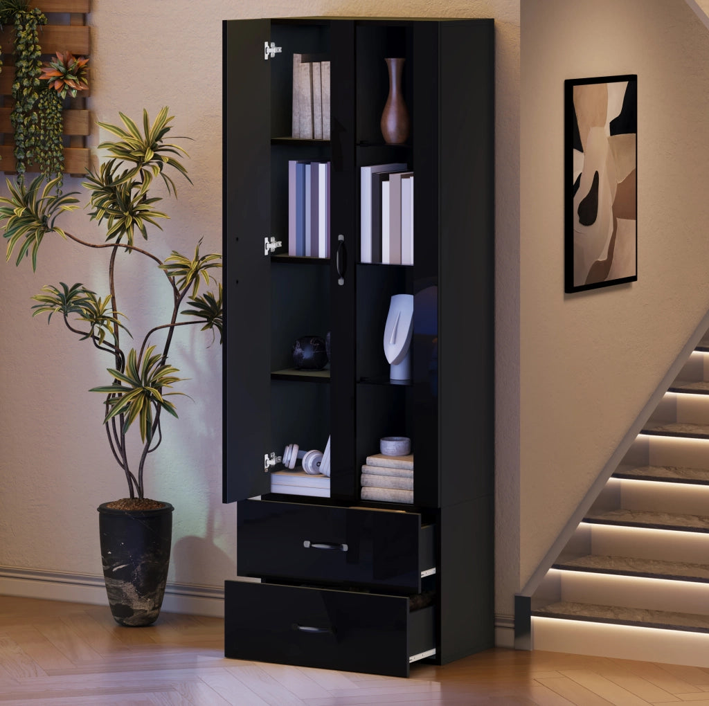 Vetrina moderna con LED e 2 cassetti; 2 ante; 60 x 35 x 182;5 cm; nero