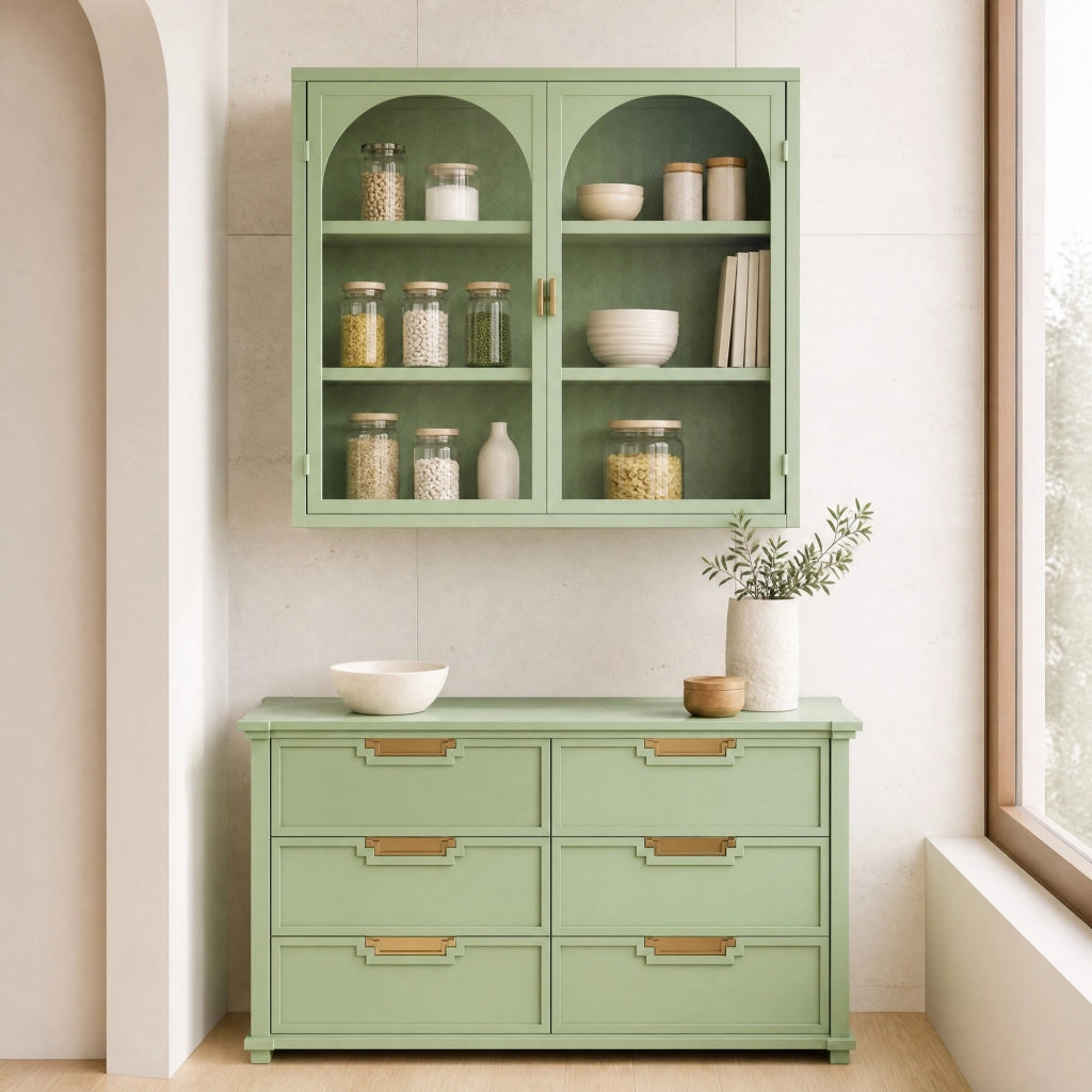 Pensile moderno a 2 ante in vetro e metallo verde con ripiano interno estraibile e 3 livelli di stoccaggio, 79,5 x 39 x 24 cm