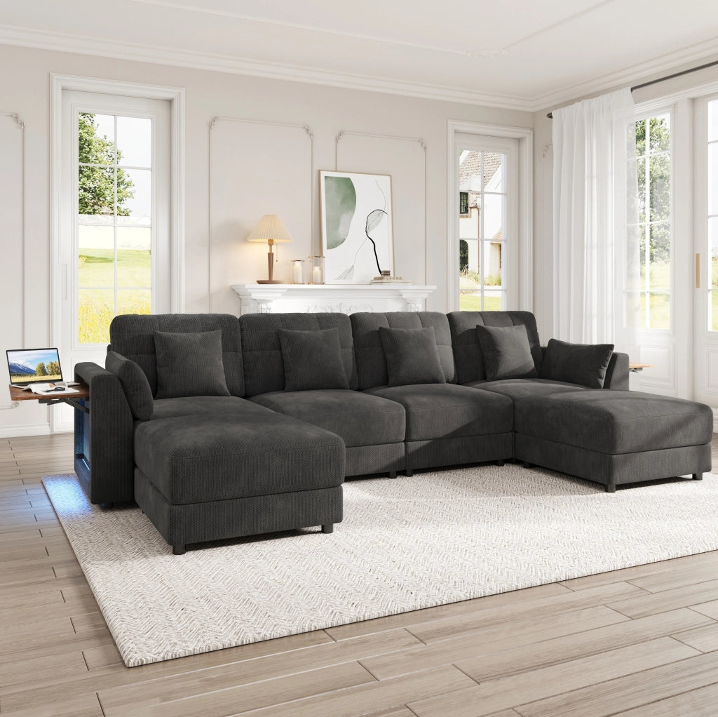 Divano modulare 4 posti con 2 pouf, LED e tavolini grigio