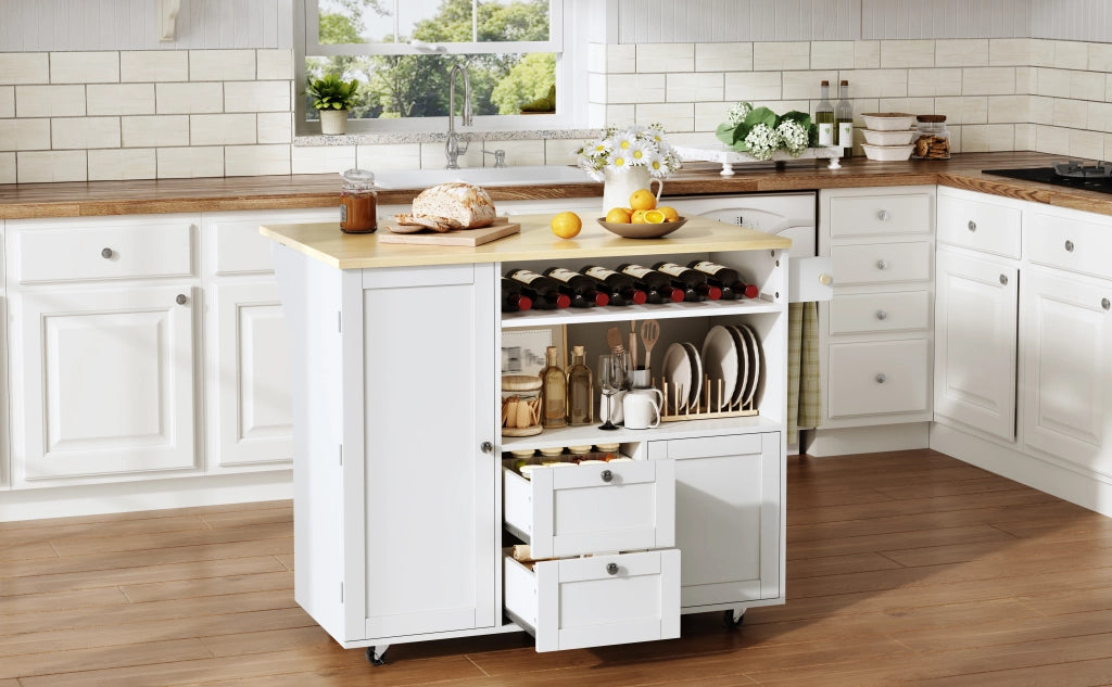 Isola cucina con piano ribaltabile, 2 cassetti, portabottiglie, portarotolo e ruote bloccabili, 104 × 45(69) × 89 cm
