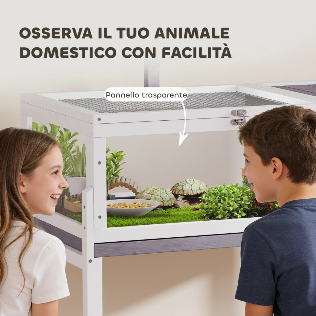 Casetta Tartarughe Rialzata 104x53x82 cm con Divisorio Vassoio Estraibile in Legno e PS Grigio e Bianco