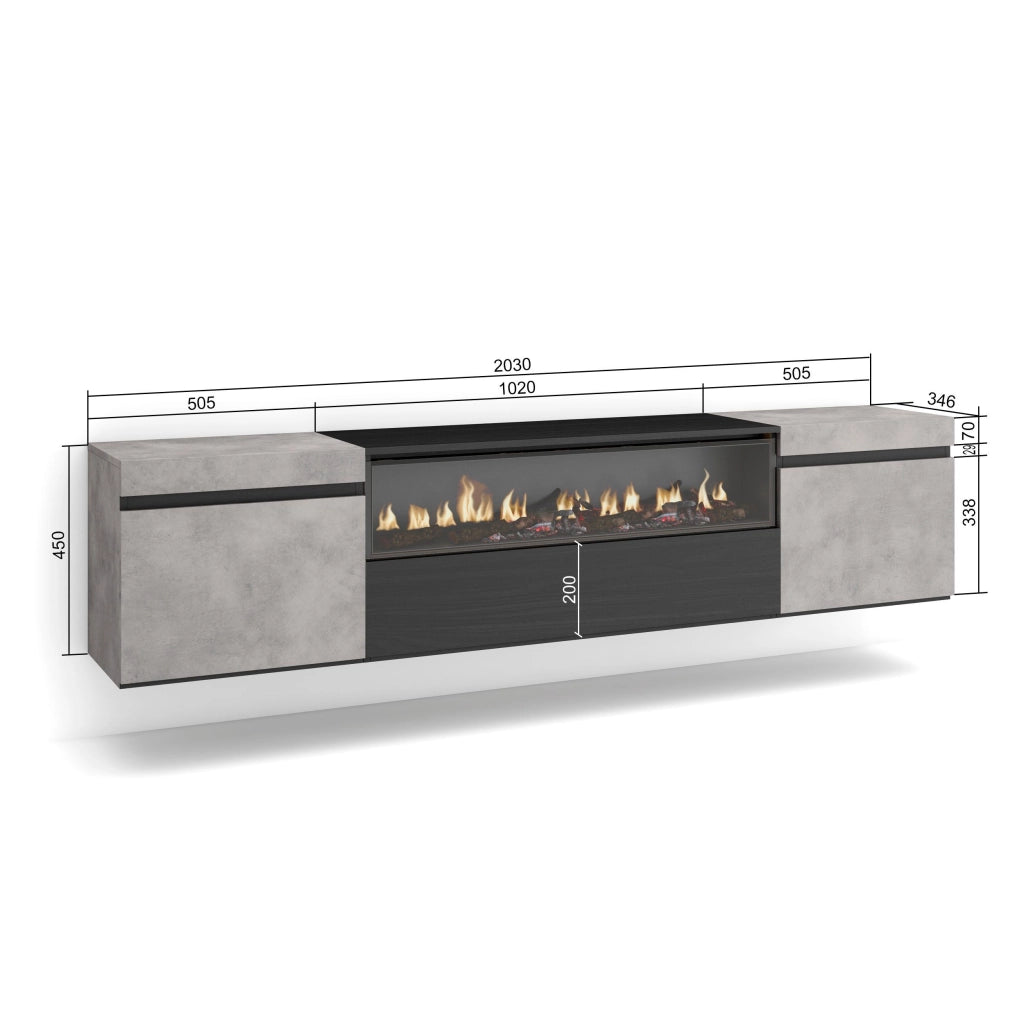 Mobile TV, 200x35x45cm, soggiorno, Per TV fino a 80", Camino elettrico, da appendere, grigio cemento RF2243
