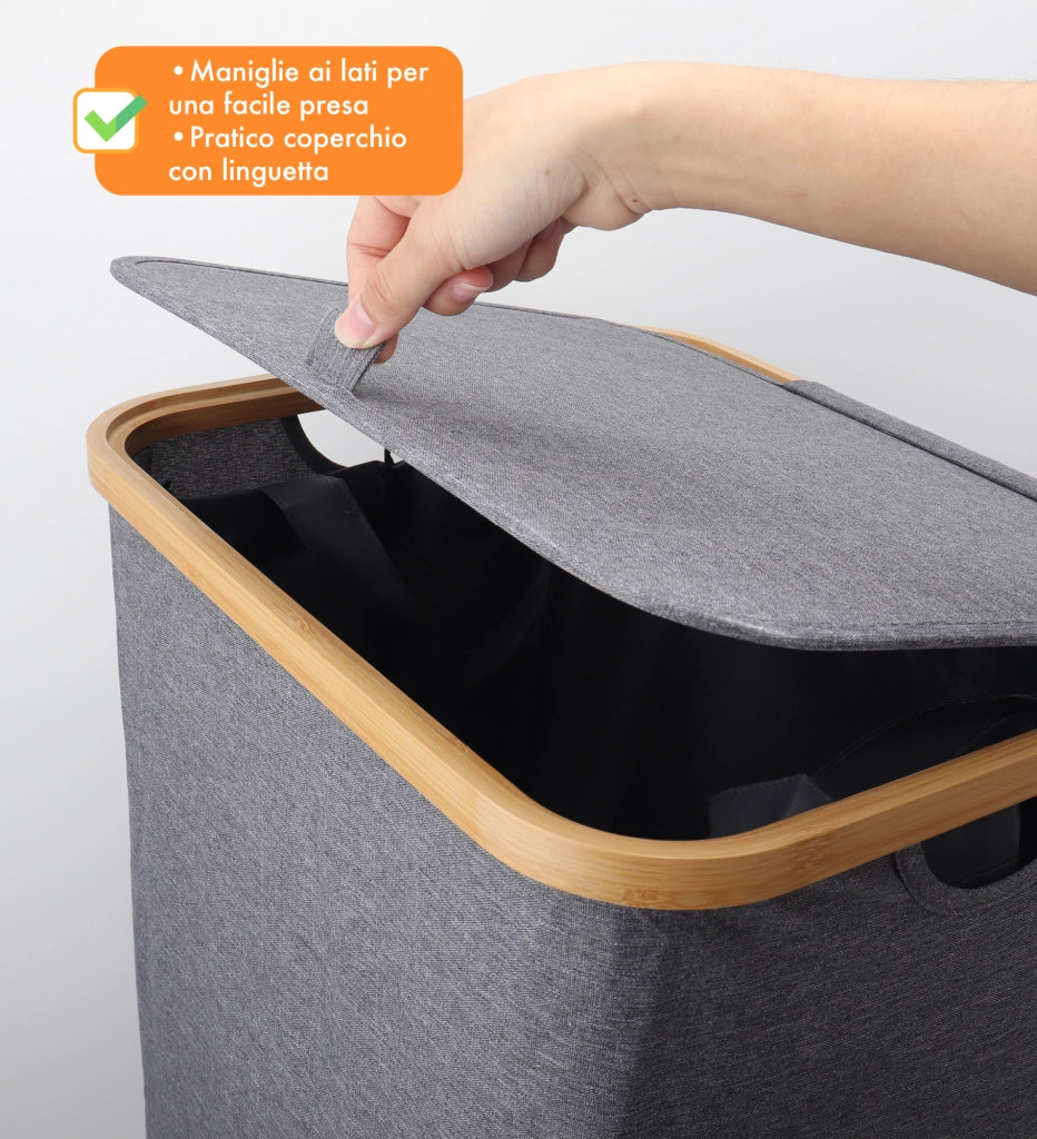Cesto Portabiancheria Con Coperchio Cesta Bucato 100L Con Sacco Interno Removibile Tessuto Oxford Manici In Bambù Pieghevole Grande Biancheria Sporca - Grigio
