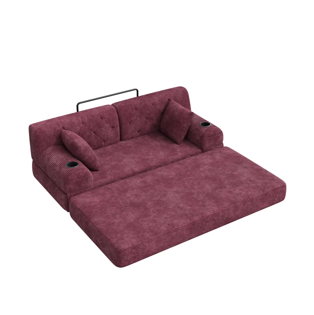 Divano letto compatto in velluto a coste bordeaux con tasche