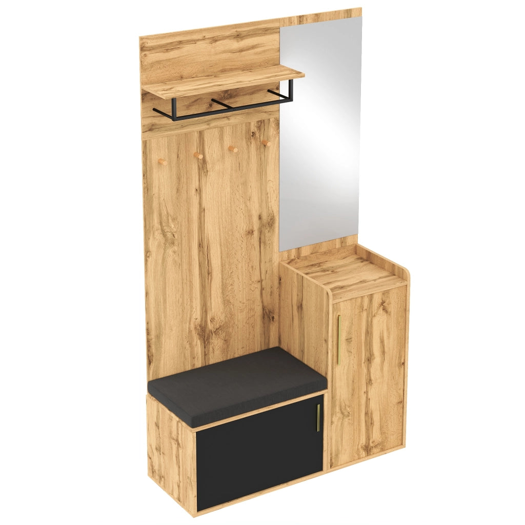 Mobile Ingresso con Specchio e Panca; Scarpiera con 1 Anta; Ganci e Ripiano; Stile Moderno; in Pannelli di Particelle; Nero e Rovere; 100??38??185 cm