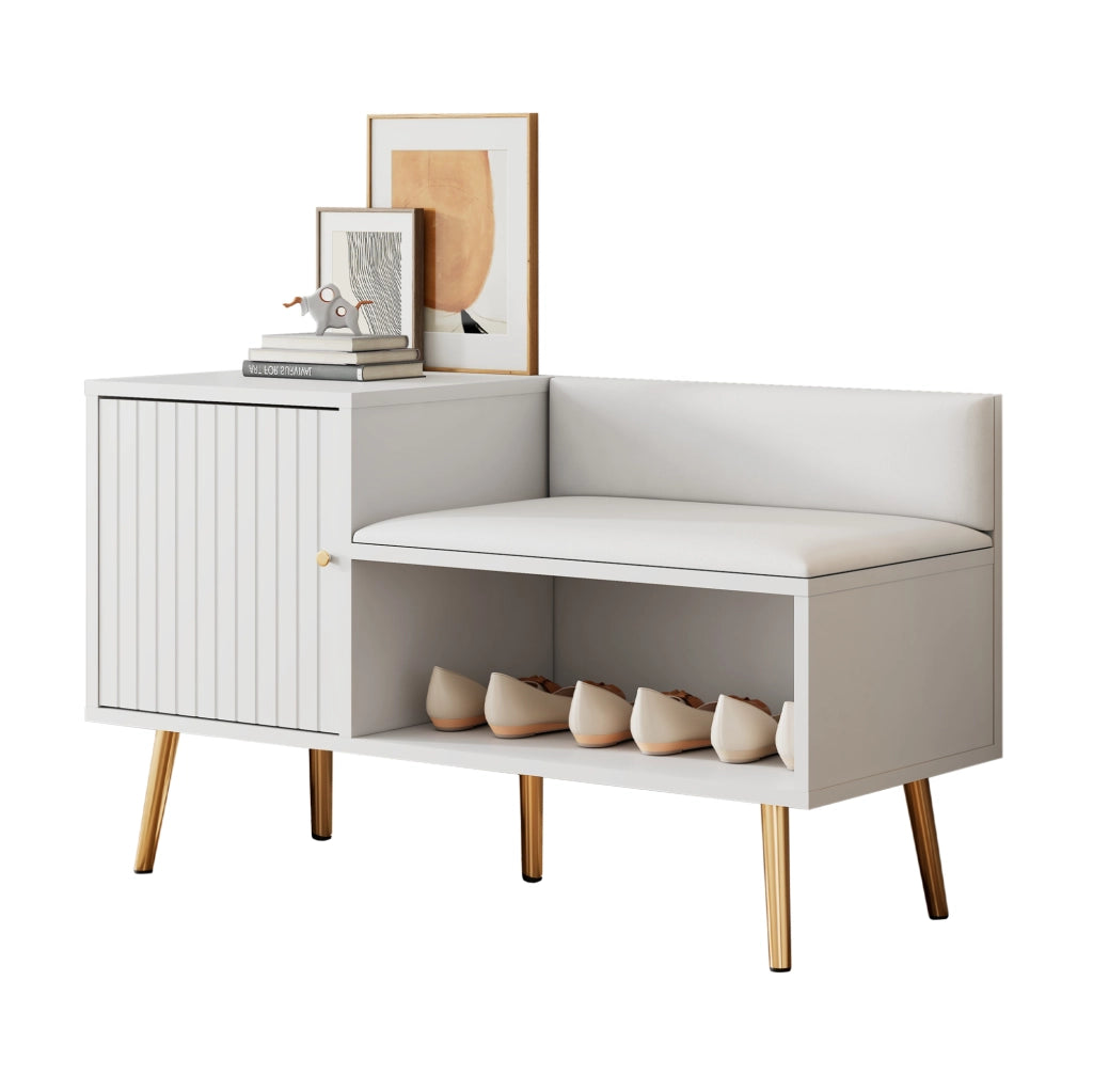 Scarpiera con seduta e schienale 100x38x58 cm in truciolare bianco con dettagli oro