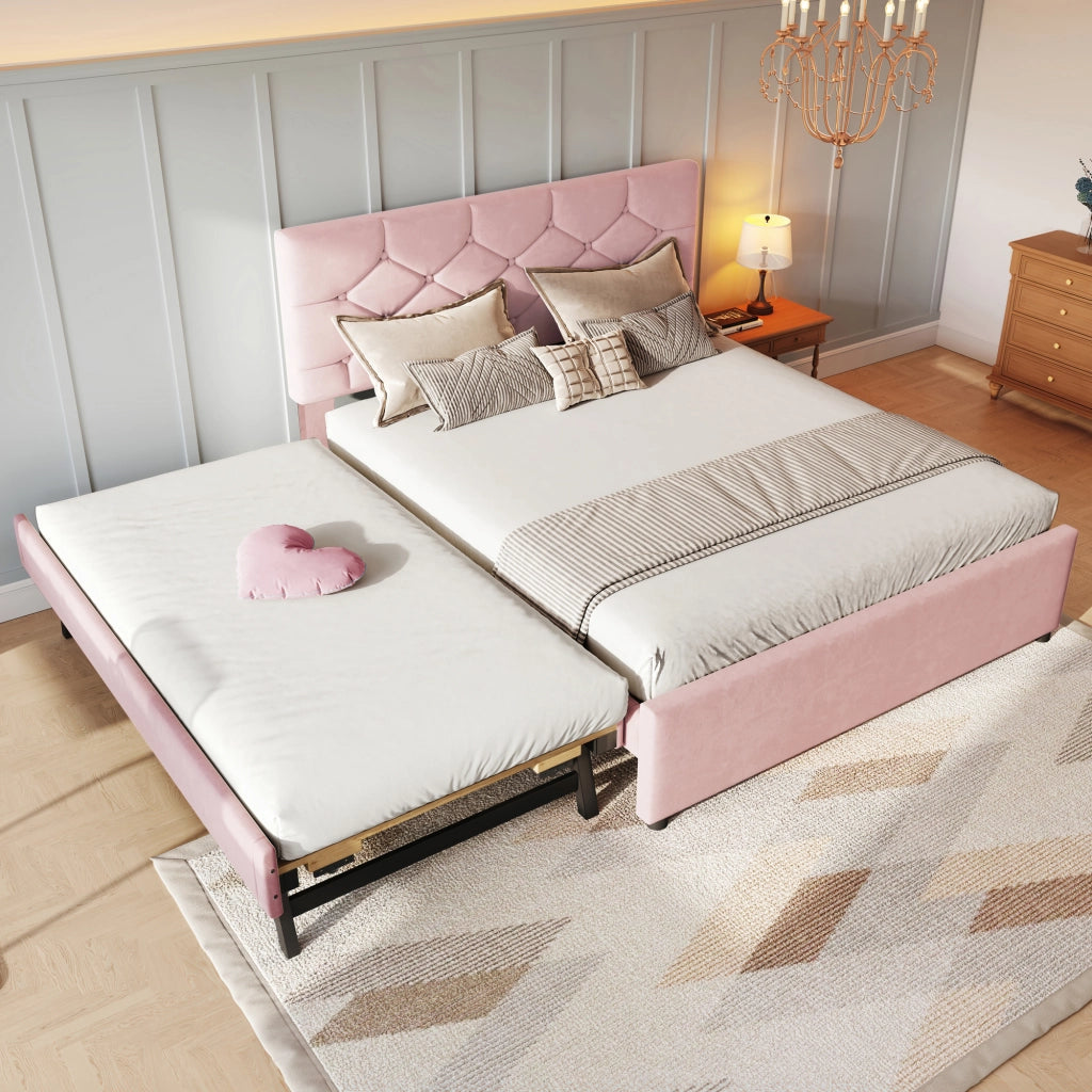 LETTO 140x200 cm in velluto rosa con letto estraibile