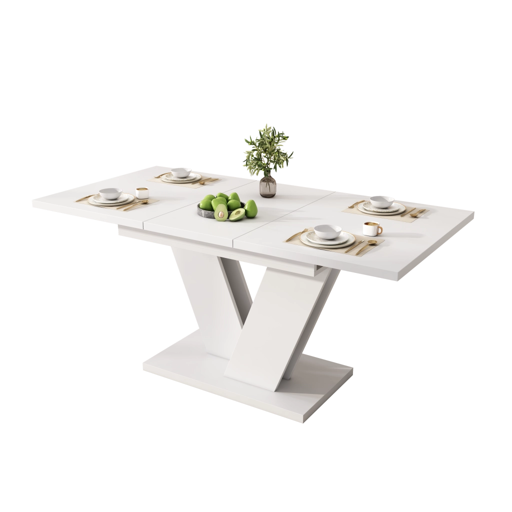 Tavolo da pranzo allungabile per 4-8 persone con piano rettangolare e gambe in metallo a V bianco