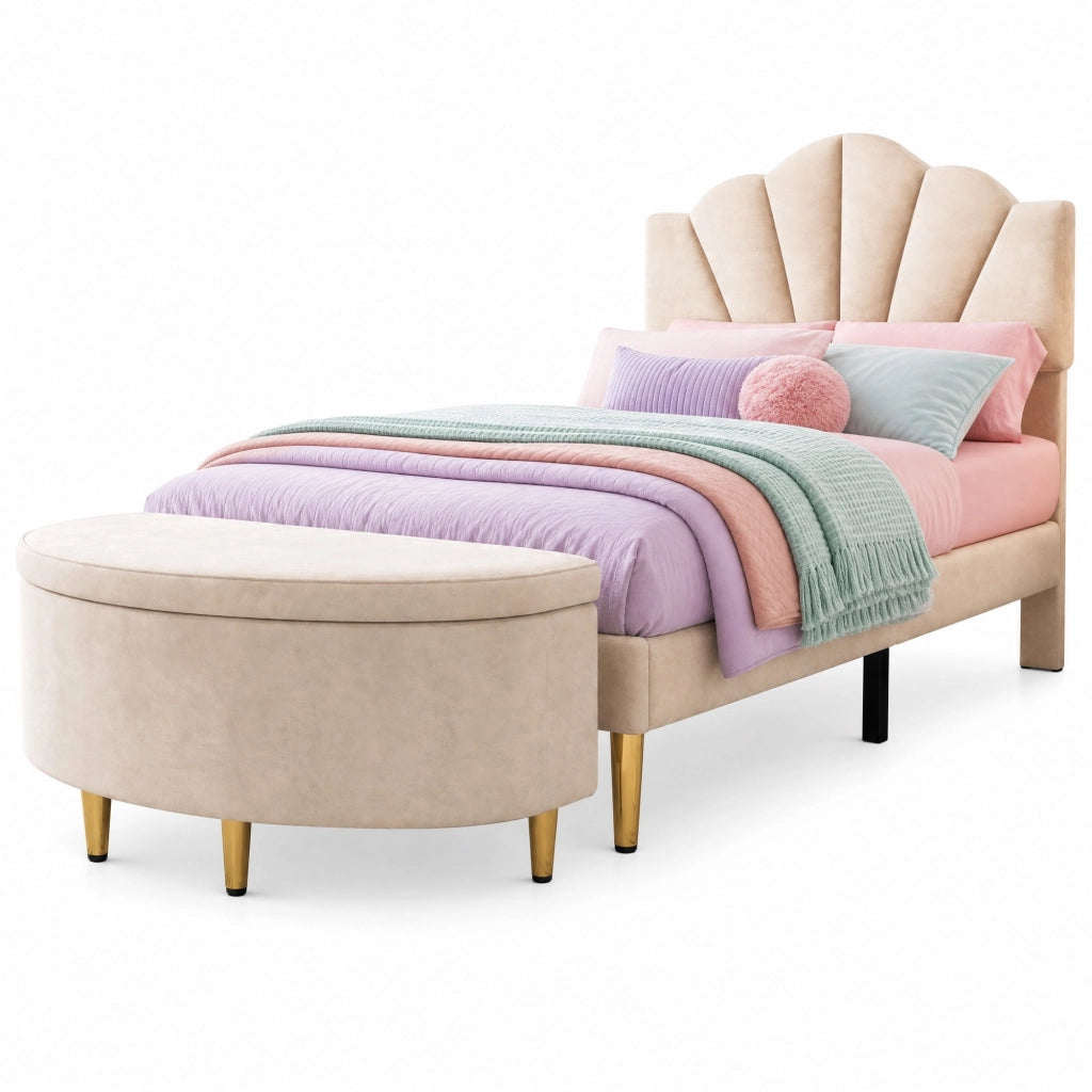Letto imbottito in velluto beige 90x200 cm con testiera regolabile e rete a doghe