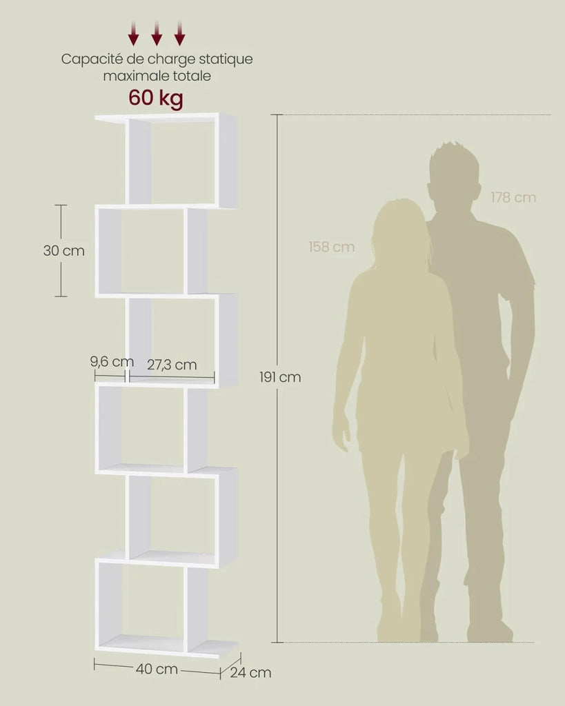 Libreria moderna a 6 ripiani 24 x 40 x 191 cm mobile contenitore divisorio per soggiorno camera da letto ufficio bianco 12_0004224